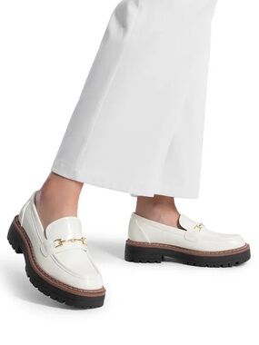 Sam Edelman White Patent Loafers with Gold Bit and Lug Sole